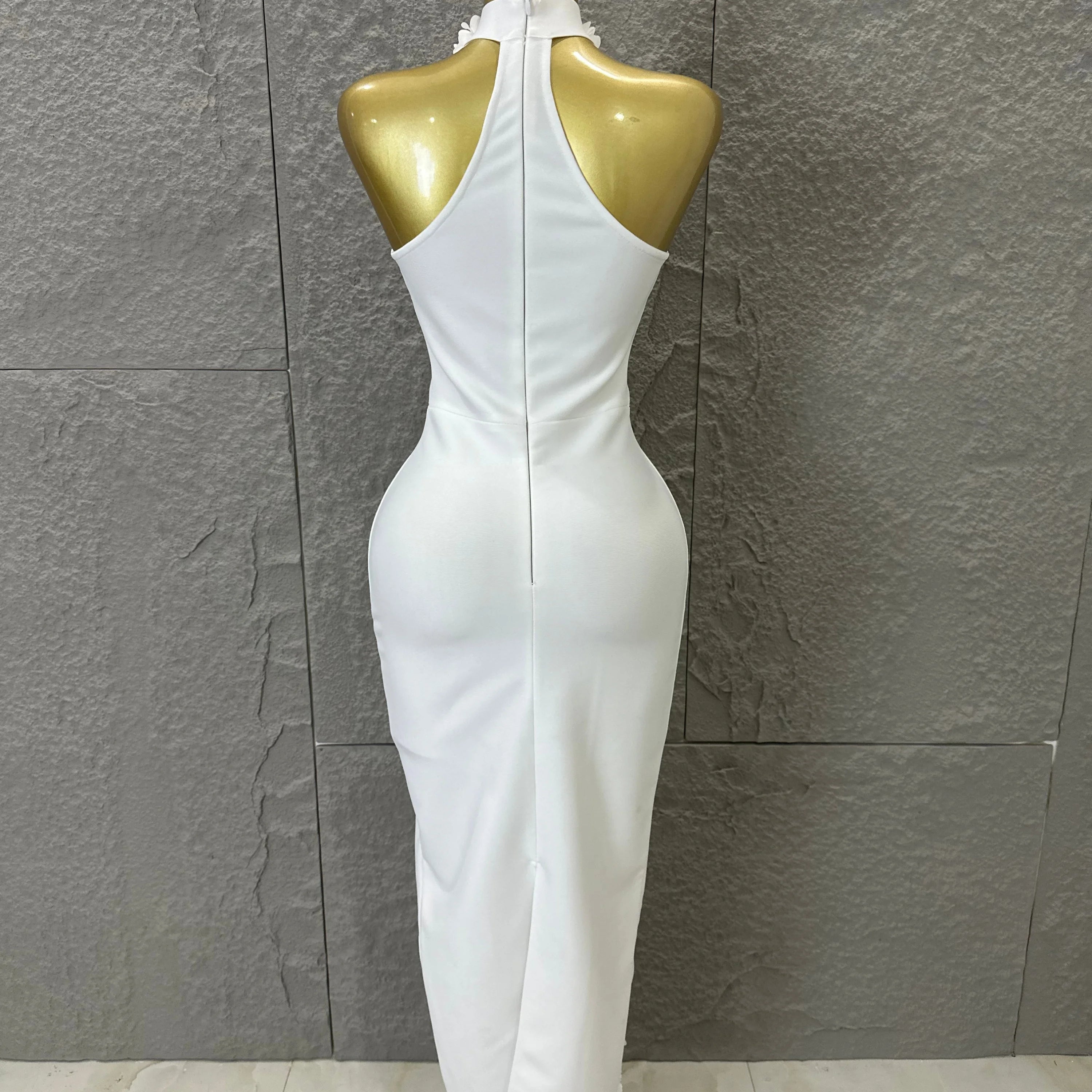 White Halter Neck Maxi Dress Women Sexy Sheer Nude Mesh 3D Floral Applique Form-Fitting Outfit Formal Event Party Costume