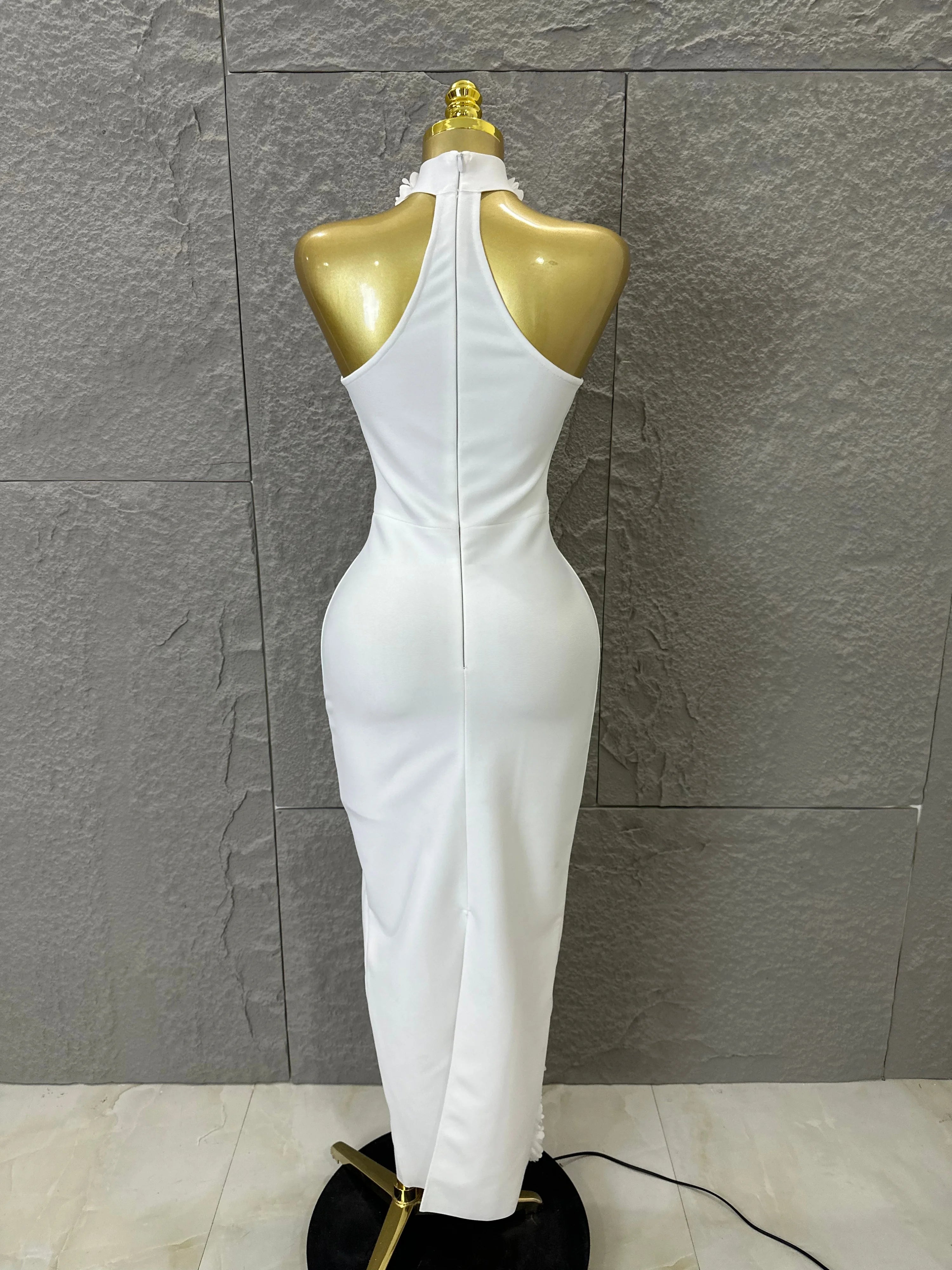 White Halter Neck Maxi Dress Women Sexy Sheer Nude Mesh 3D Floral Applique Form-Fitting Outfit Formal Event Party Costume
