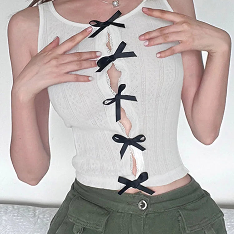 Korean Sweet White Skinny Women Tops Vest Sleeveless Lace Spliced Split Y2K Cute Bow Summer Crop Top Coquette Clothes