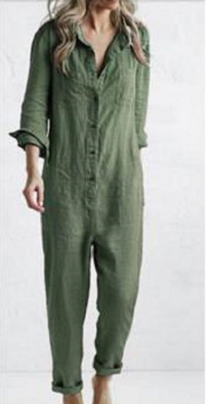 Vintage Cotton Overalls Mujer Women Jumpsuits Spring Long Sleeve Buttons One Piece Outfit Chic Tunic Oversized Green Jumpsuit