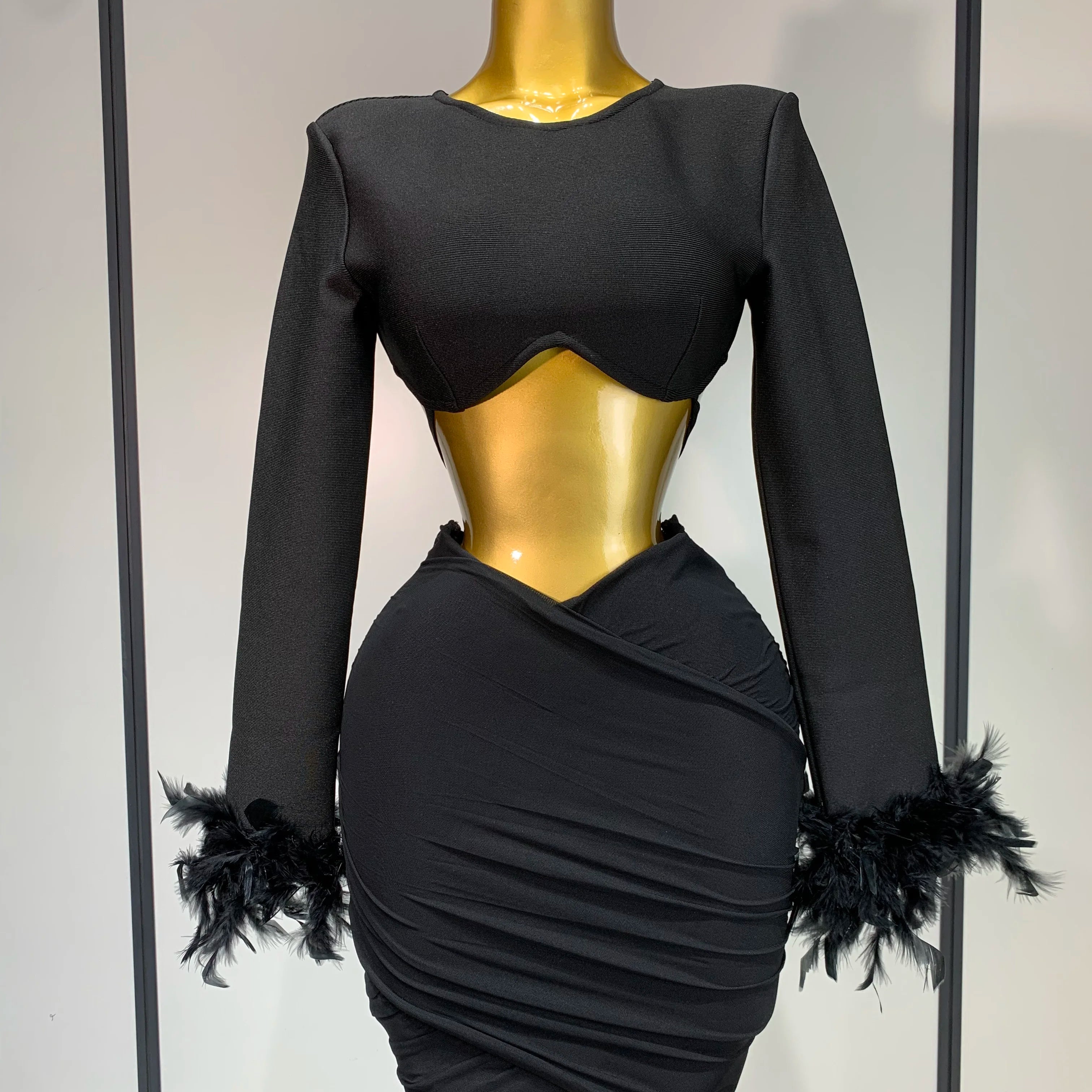 Luxury Birthday Dress Women Sexy Long Sleeve Feather Black Mesh Mini Bodycon Bandage Dress Elegant Evening Club Party Dress ﻿ black