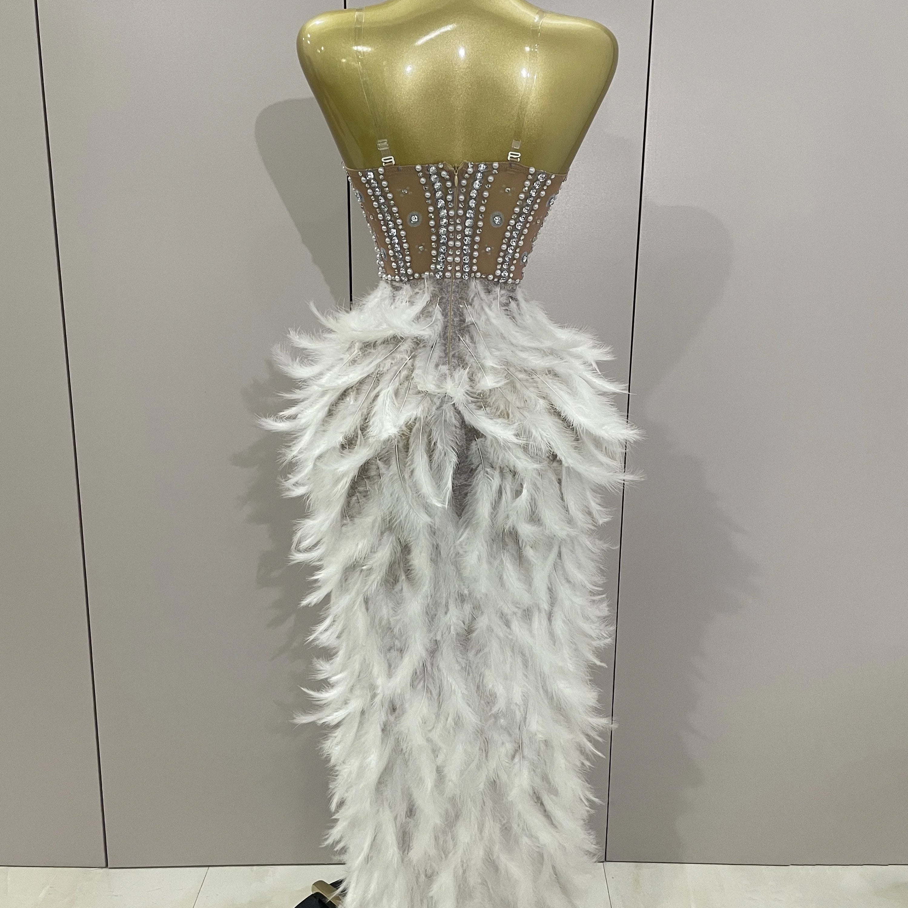 2025 Luxury Sparkle Rhinestone White Feather Sexy Mesh Long Dress Women Evening Party Birthday Performance Photoshoot Costume