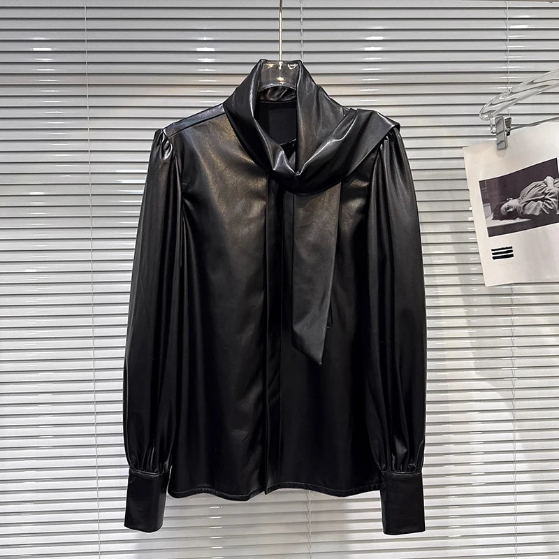 Winter New Fashion Street Style Tie Scarf Bow PU Leather Shirt For Women Loose Black Blouse Female Trend 11A07665 Black