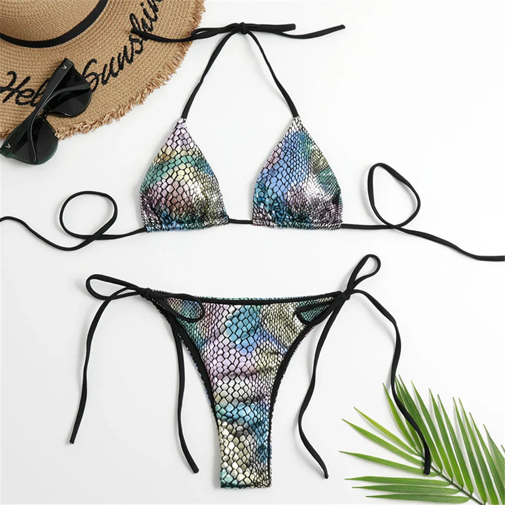 Halter Triangle Sexy Bikini Sets 2023 Women Patent Leather Glitter Swimsuit Summer Solid G-String Swimwear Side Lace Up Monokini s8Fish Scale