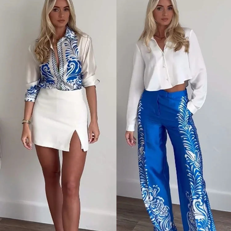 TRAFZA Women Suits Print Turn-Down Collar Long Sleeves Single Breasted Casual Shirts+High Waist Pockets Zipper Wide Leg Pants