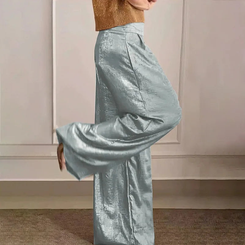 Spring Vintage Metallic Color Casual Pants Women Fashion High Waist Loose Straight Trousers Summer Pocket Wide Leg Pant Harajuku Gray