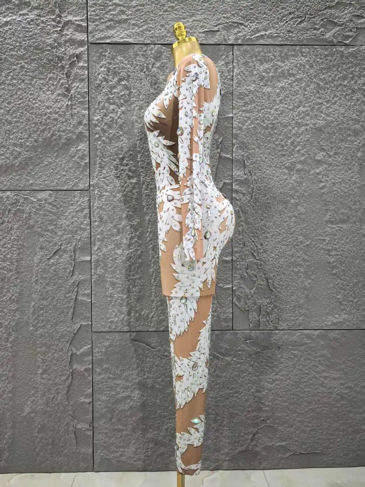 Wholesale Women Sexy Long Sleeve Shinning Rhinestones Bodycon Jumpsuit Celebrate Nightclub Party Performance Costume Stage Wear