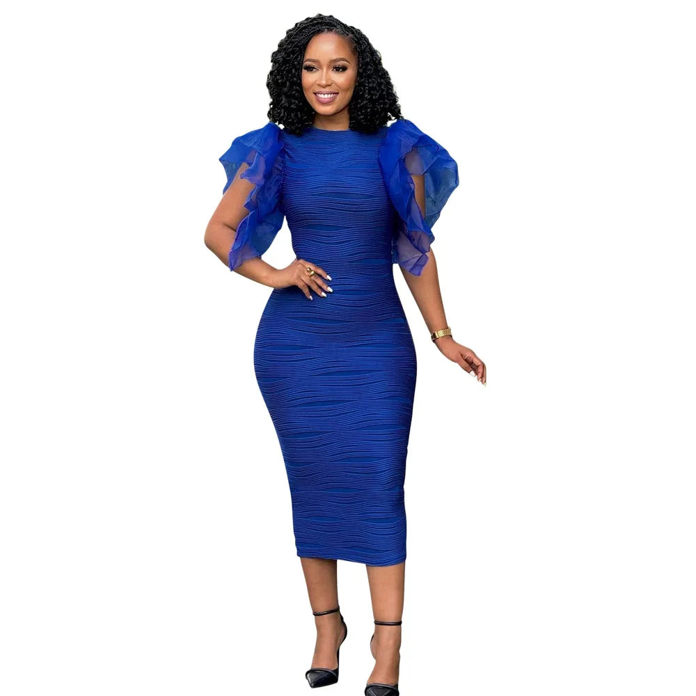 CM.YAYA Women Ruffles Short Sleeve O-neck Striped Knee Length Dress Street Vestidos Sexy Night Club Party Evening Chic Dresses Blue