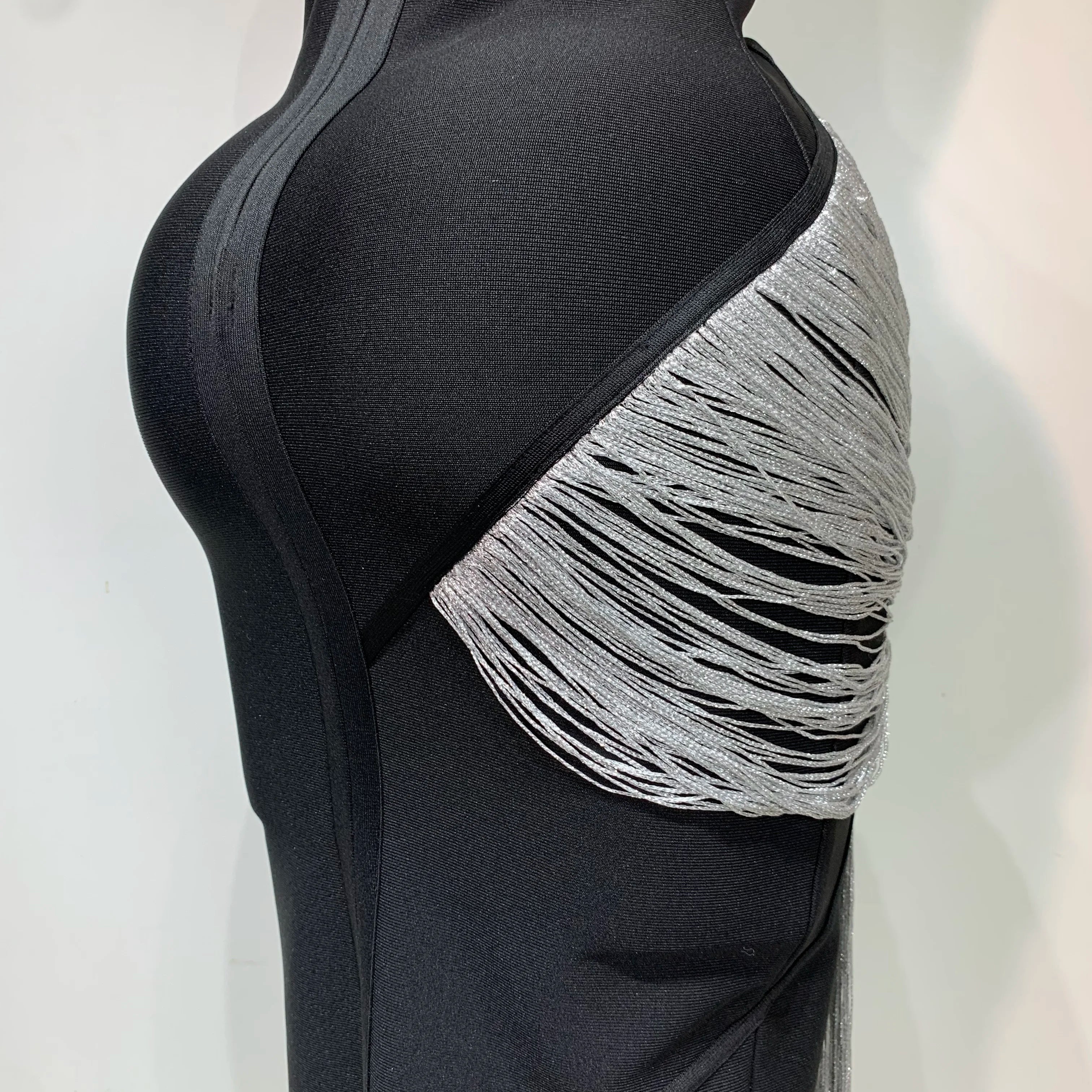 Women Sexy Slanted Collar Silver Tassel Bandage Dress Women Black Sleeveless Bodycon Dresses Evening Party Club Birthday Gowns