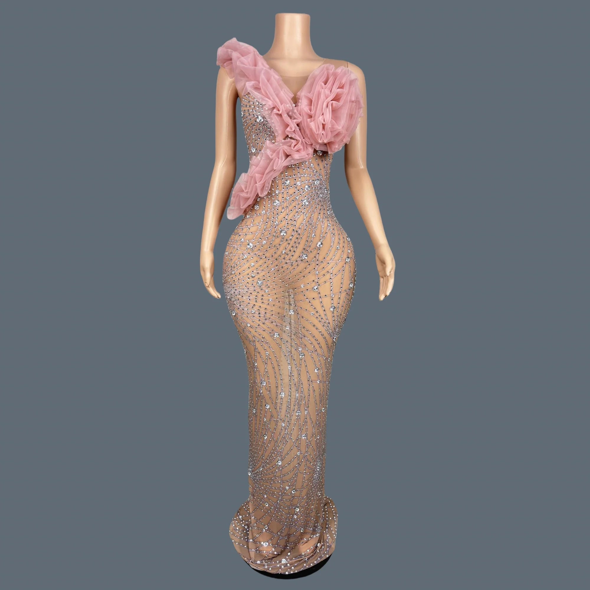 Elegant Ball Dress Sparkly Rhinestone Women Wedding Prom Birthday Party Evening Gown Sheer Mesh Luxury Sexy Maxi Dress Dousha as shown