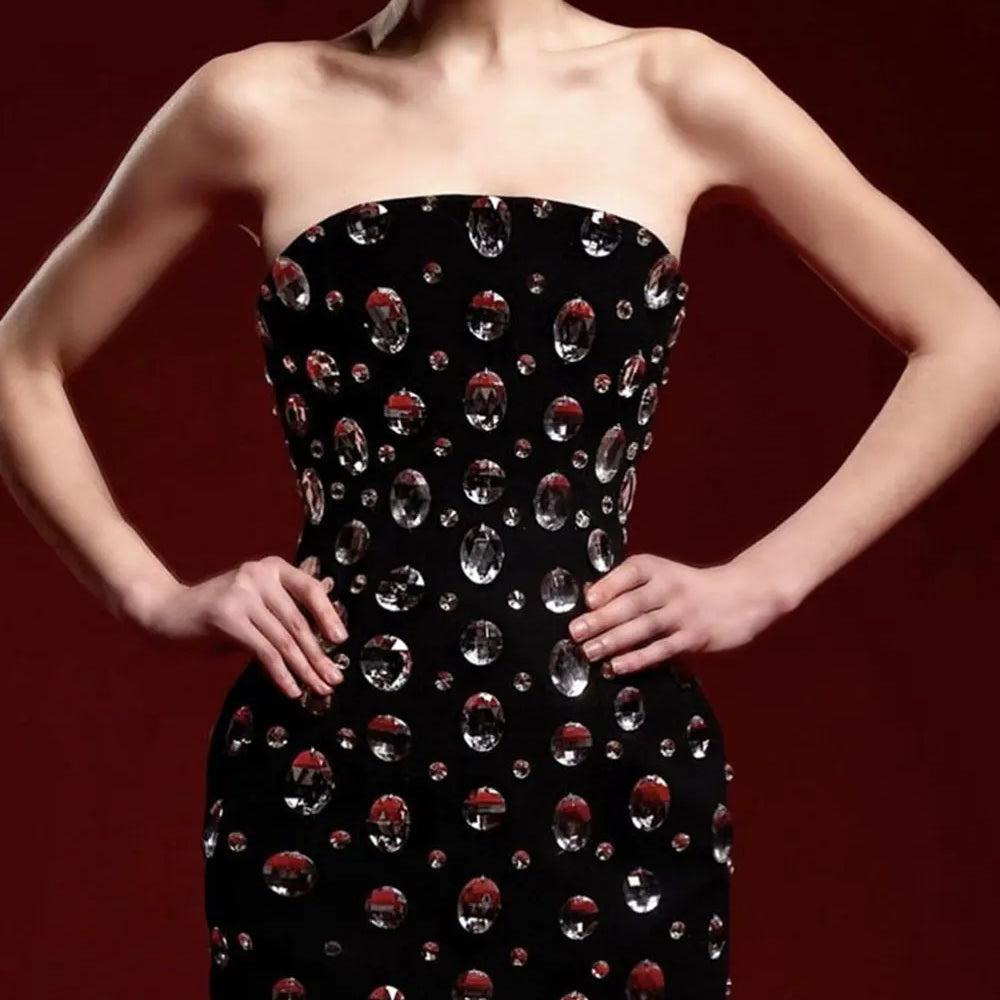 2025 Spring Sexy Women's Light Luxury Nail Bead Bandage Dress Strapless Sleeveless Bodycon Bareback Mini Dresses Party Vestidos