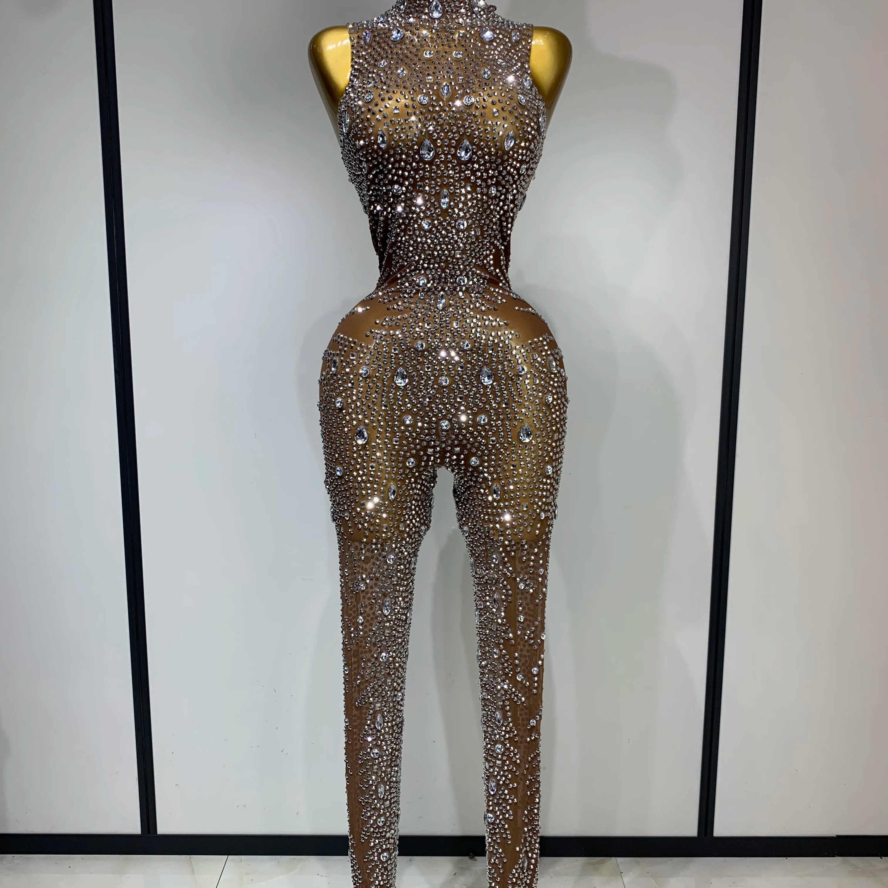 Luxury Rhinestones Jumpsuit Women Sexy Mesh See Through Performance Dance Costume Celebrate Club Birthday Party Stage Outfit Dark Brown