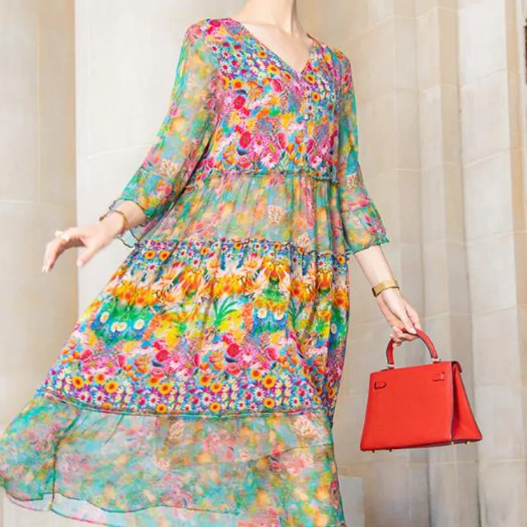 Summer 2023 Beach Boho Vintage Print Chiffon V Neck Dress Elegant Party Robe Designer Vestidos Loose Midi Dresses