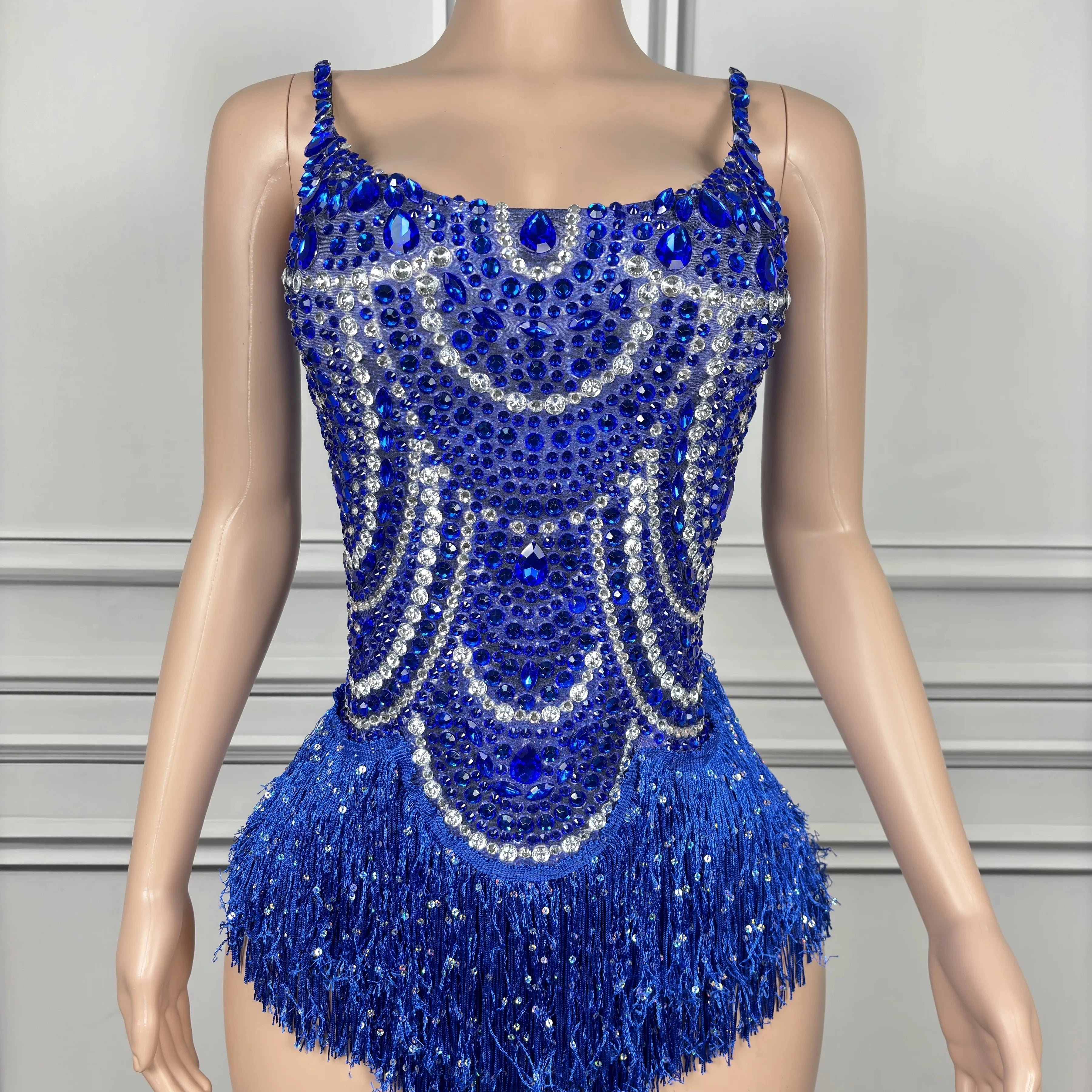 Sparkly Silver Rhinestones Pearl Tassels Bodysuit 2025 New Women Sexy Eveing Birthday Party Nightclub Stage Performance Costume Blue