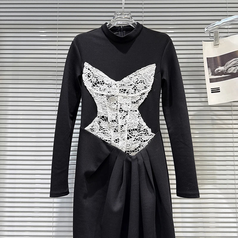 Winter New Fashion Lace Bikini Patch Slim Long T-Shirt Dress For Women Versatile Casual Dresses Female 11A07683