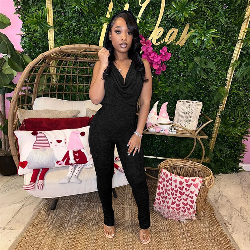 Sexy Low Collar Hanging Neck Sleeveless Slim Fit High Waist Jumpsuits Women Summer 2024 Casual Backless Solid Crumpled Overalls Black