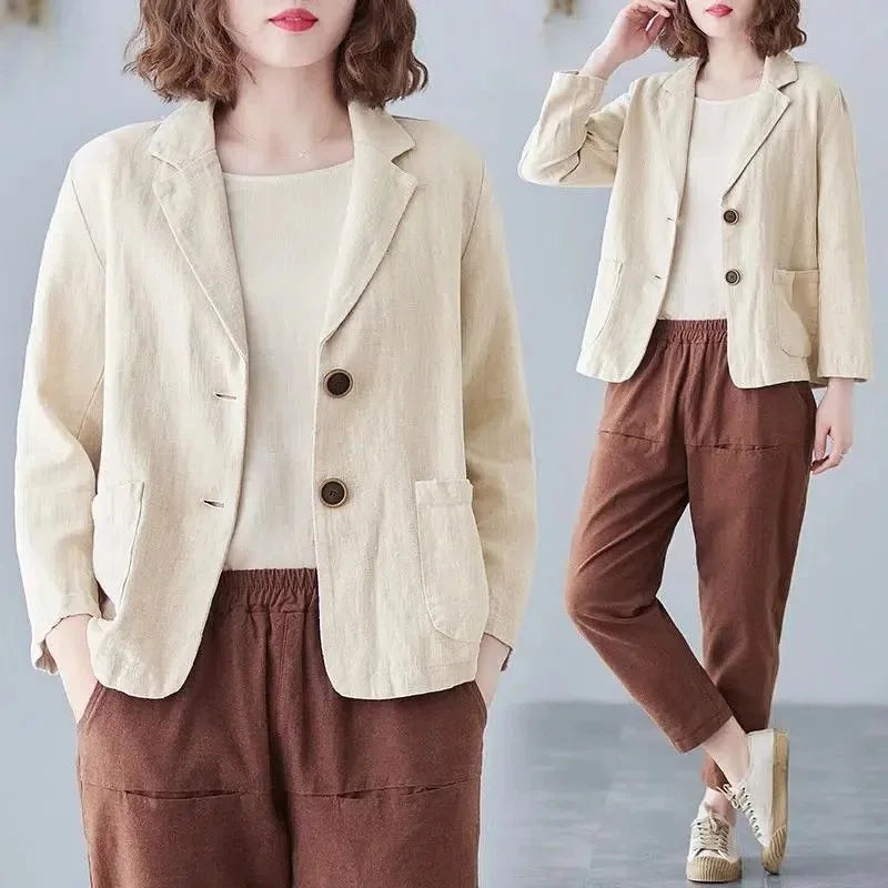 Ladies Cotton Linen Blazer Outerwear Korean Female Short Long Sleeved Suit Coat Spring Autumn Women Loose Fitting Blazer Jacket