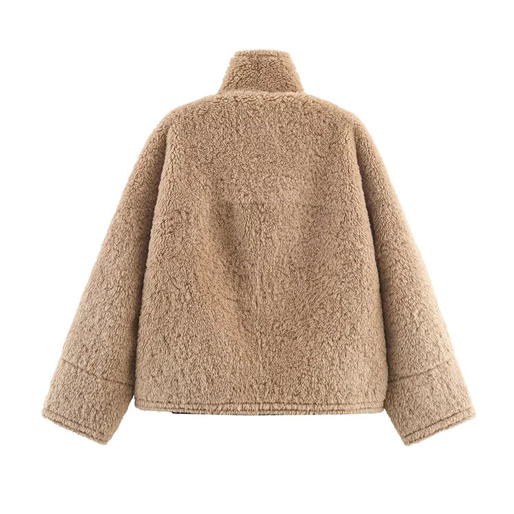 TFMLN Winter Women's Warm Leather Lamb Fur Splicing Jackets Chic Stand Collar Large Pockets Zipper Casual Fur Street Outerwear