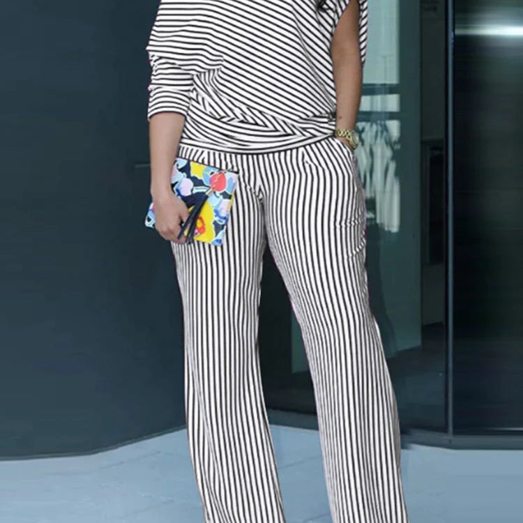 VONDA Plus Size Women Matching Sets 2025 Elegant Off Shoulder Pant Sets Printed Striped Trousers Suits Tops and Wide Leg Pants black