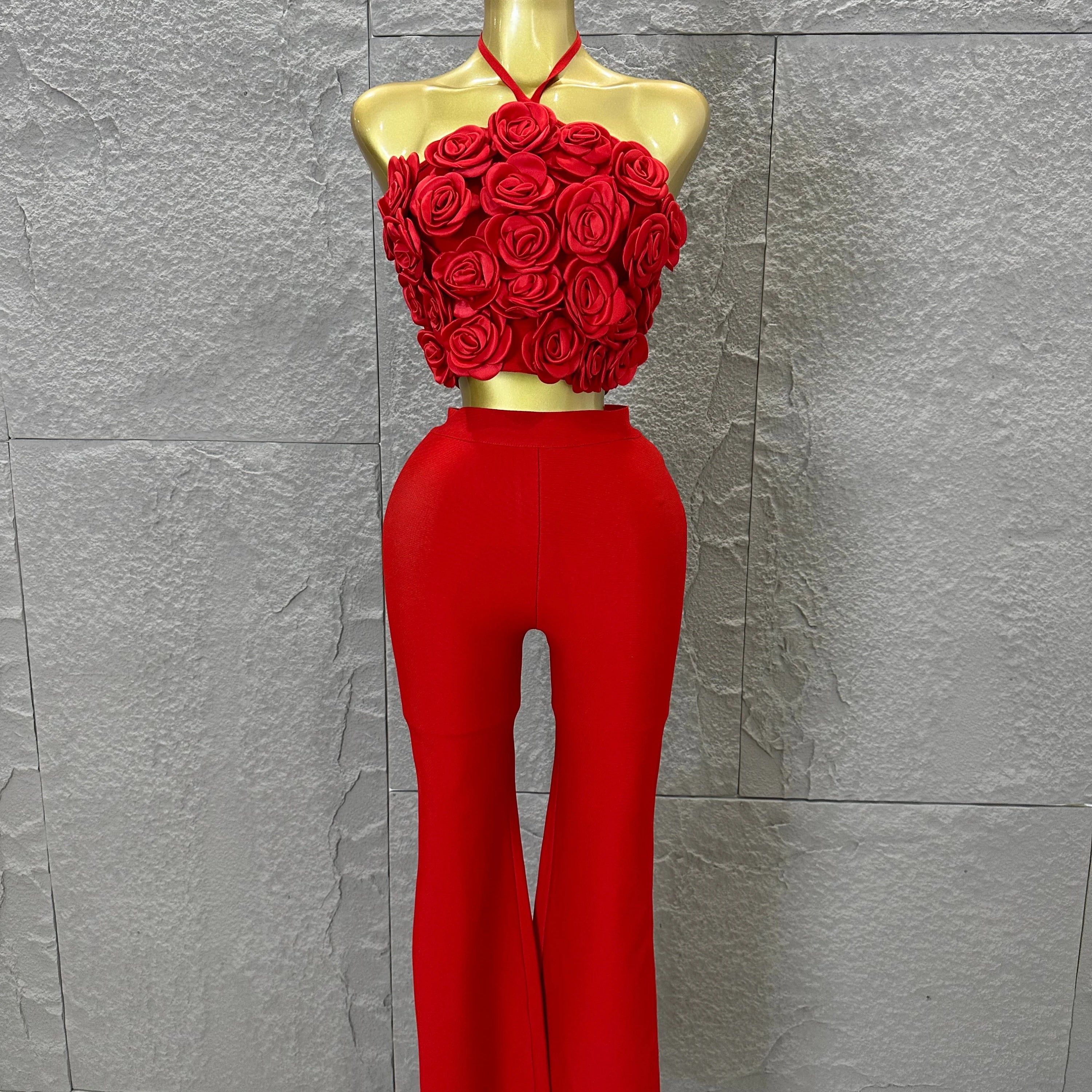 Elegant Two Piece Set Women Halter 3D Flower Crop Top High Waist Flare Pants Bandage Suit Party Casual Formal Wear Red