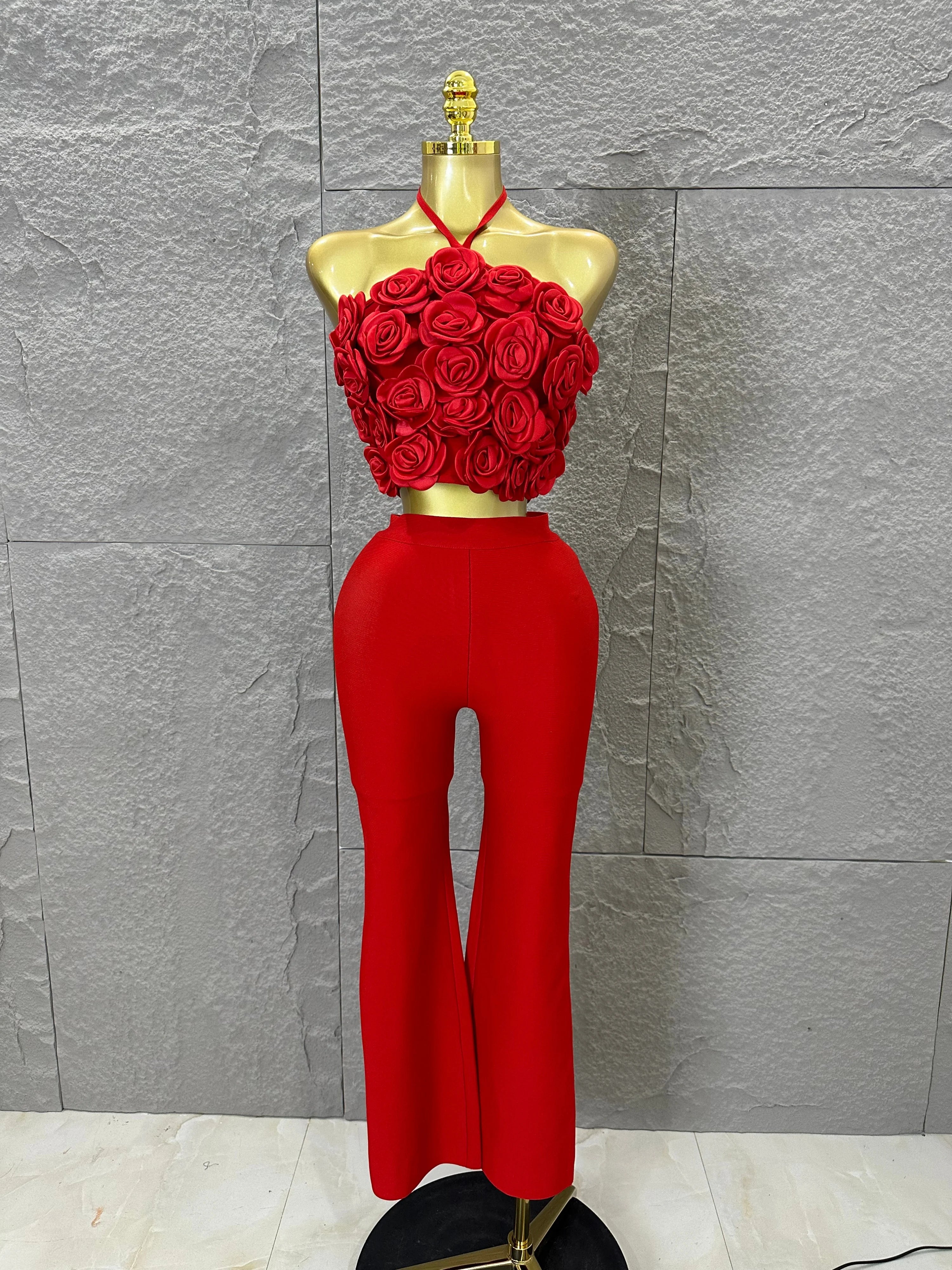 Elegant Two Piece Set Women Halter 3D Flower Crop Top High Waist Flare Pants Bandage Suit Party Casual Formal Wear Red