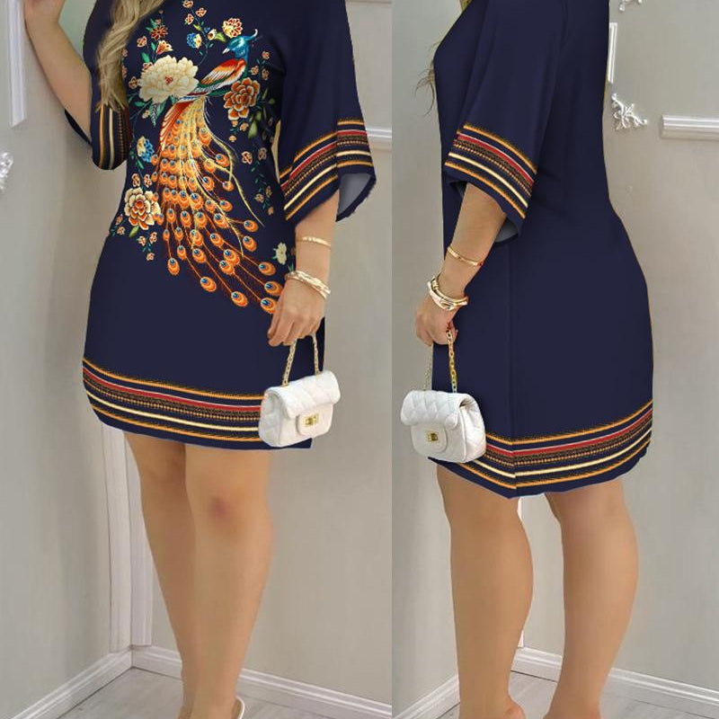 Women's Dress 2024 Summer Fashion Tropical Print Half Sleeve O-Neck Dresses Female Casual Party Beach Mini Loose Dress Vestidos Navy