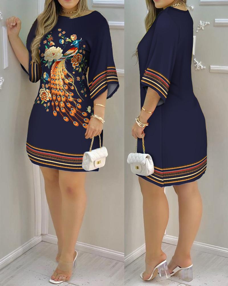 Women's Dress 2024 Summer Fashion Tropical Print Half Sleeve O-Neck Dresses Female Casual Party Beach Mini Loose Dress Vestidos Navy