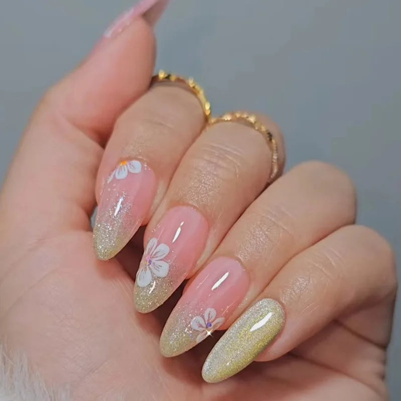 24Pcs Brown Maple Leaves Design Press on False Nails Long Almond Nails Set with Diamond Detachable Retro Fake Nail Tip for Women 1542