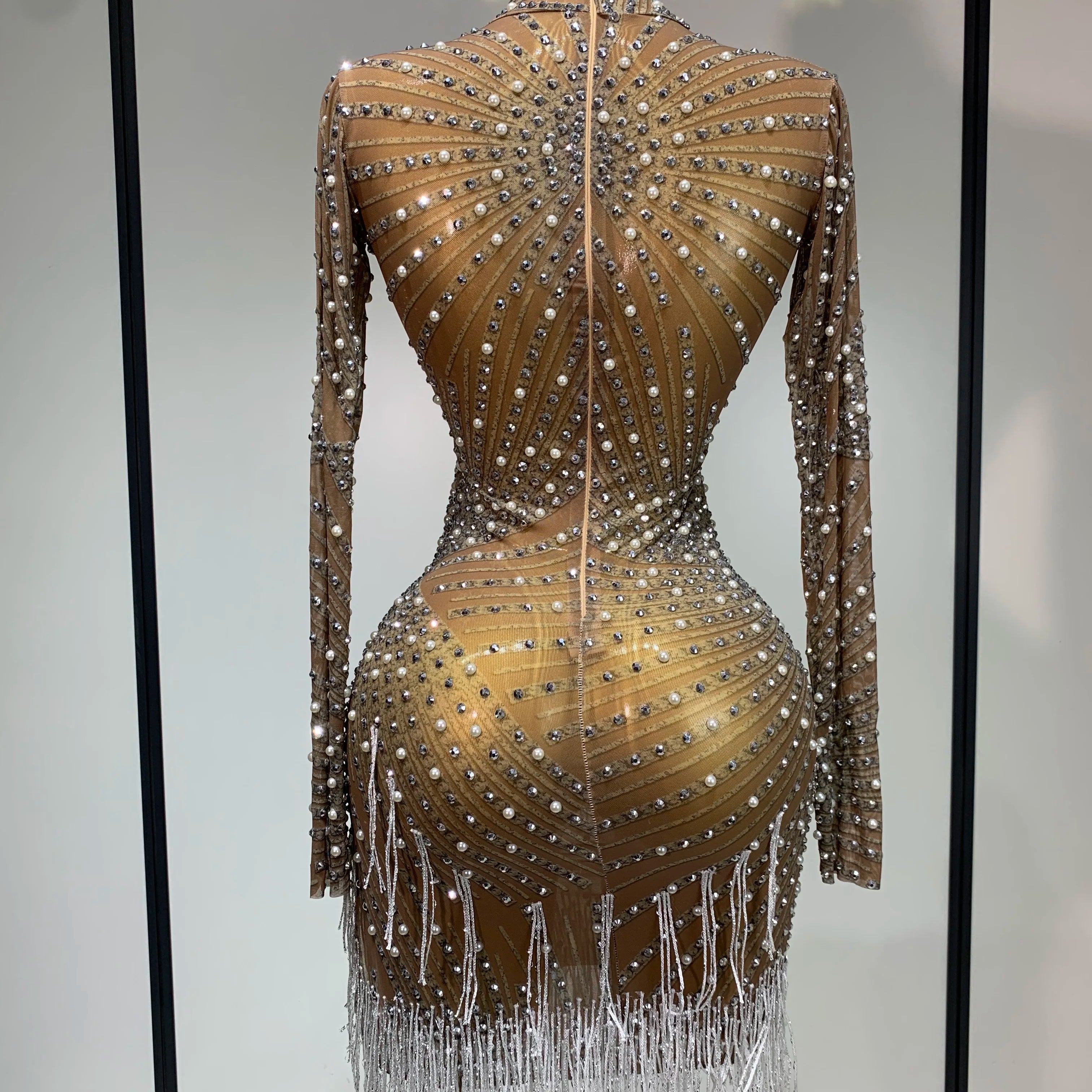 Luxury Rhinestone Tight Short Dress Women Long Sleeve Evening Party Prom Gown Birthdy Nightclub Performance Costume Stage Outfit