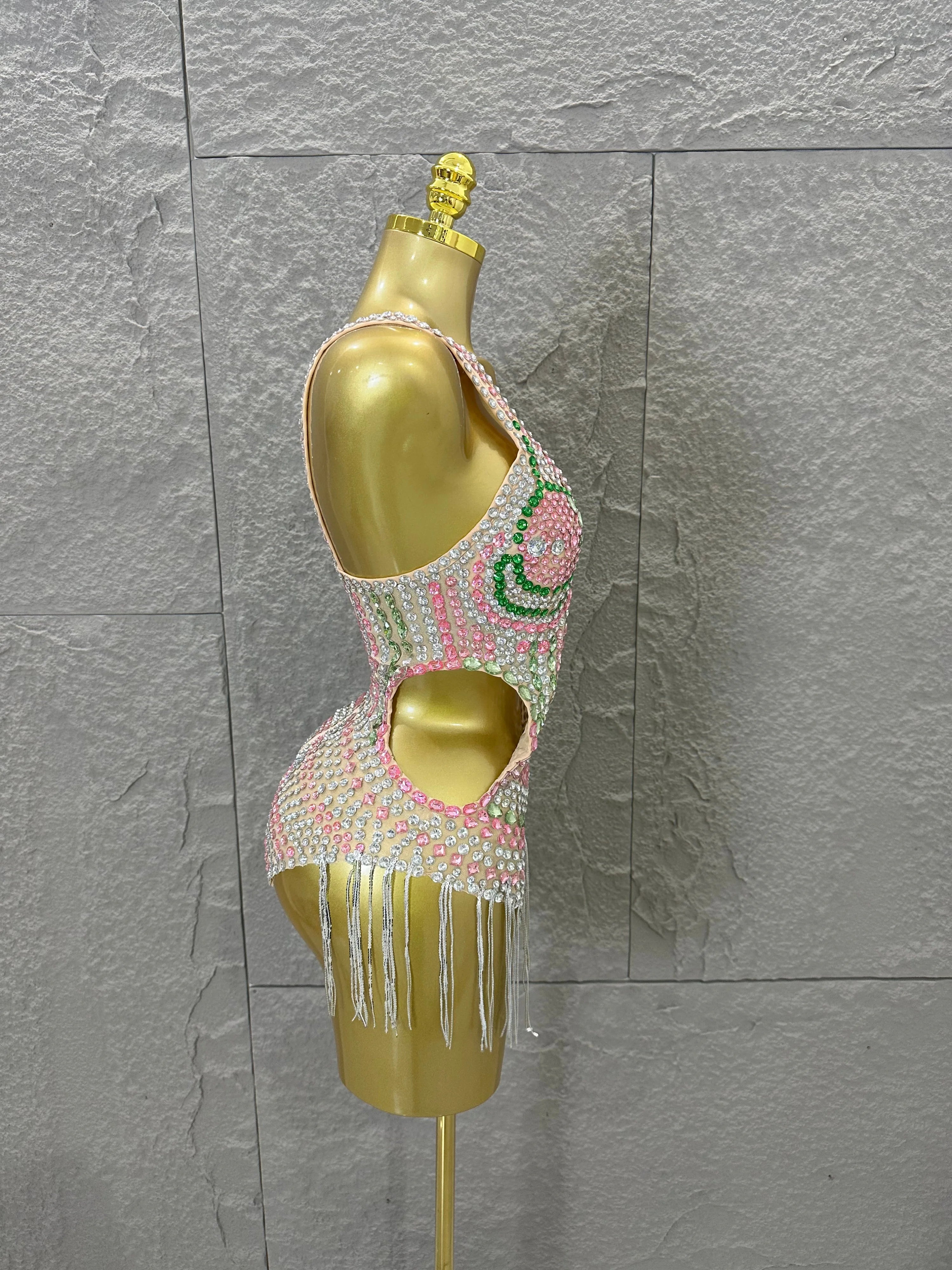 Sexy 2026 Crystal Bodysuit Women Sexy U-Neck Sheer Mesh Cutout Rhinestone Fringe Bodycon Outfit Nightclub Party Costume