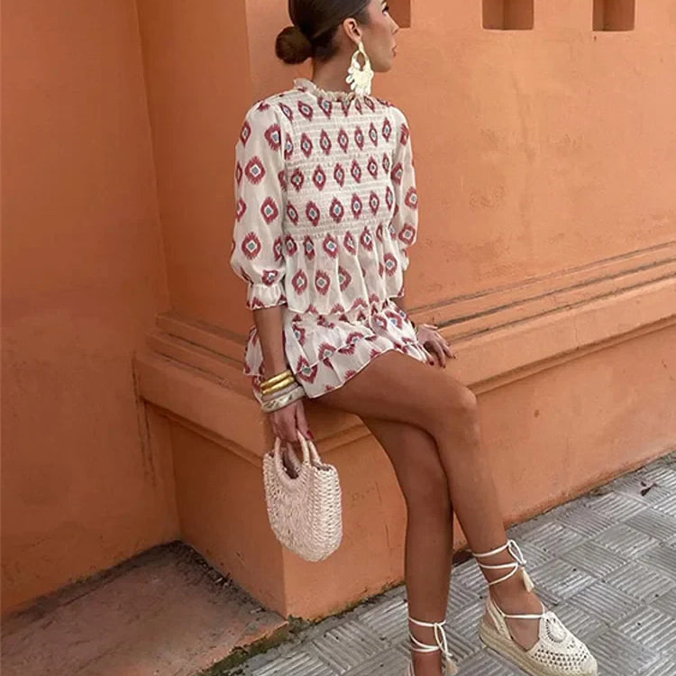 Woman Casual Printed Slim Shirt Short Skirt 2 Piece Set Puff Half Sleeve T-shirt High Waist Pleated Mini Dress Suit Outfit