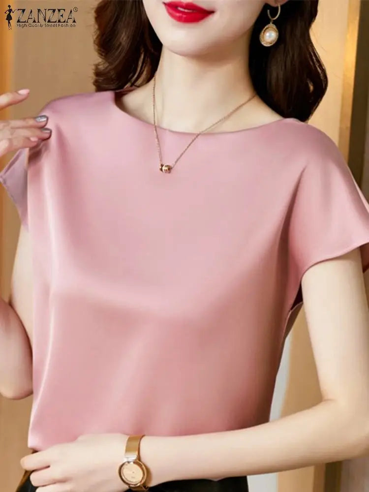 ZANZEA Summer Fashion Blouse Elegant Short Sleeve Satin Shirt Women Stylish OL Work Shirt Female Party Blusas Tunic Chemise