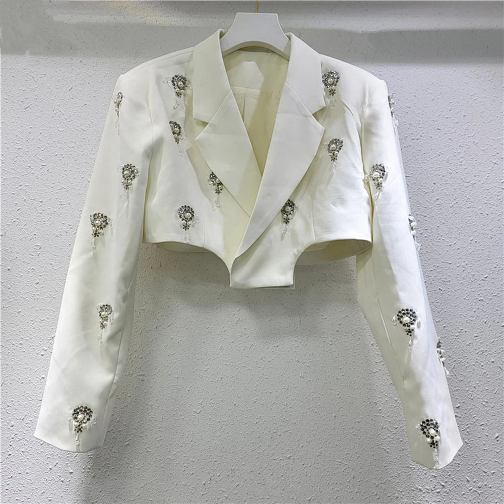 Solid Slimming Elegant Jackets for Women Lapel Long Sleeves Patchwork Bead Short Jacket Female Fashion Clothing New WHITE