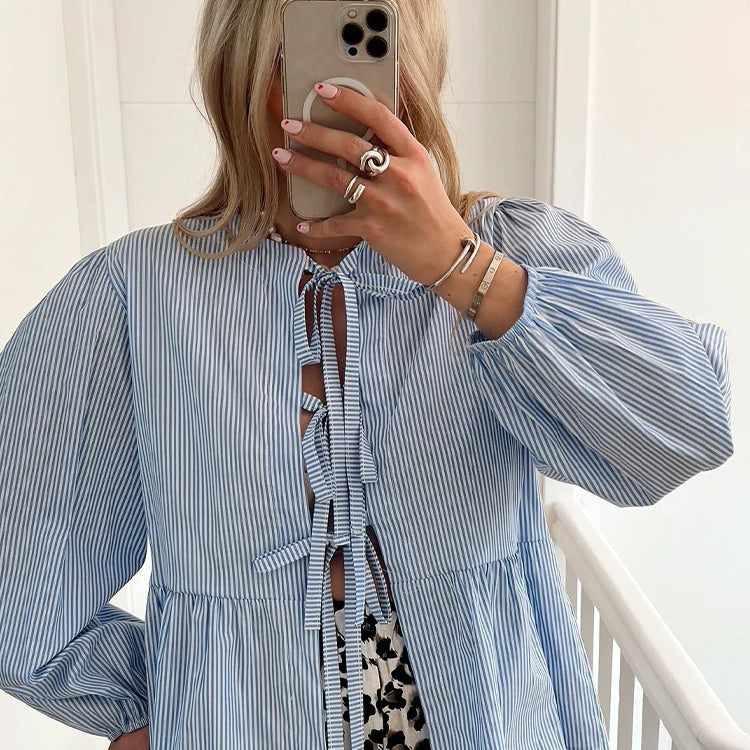 Elegant Striped Lace Up Women Shirts Chic Bow Puff Sleeve O-neck Hollow Out Female Blouses Spring Summer Casual Streetwear