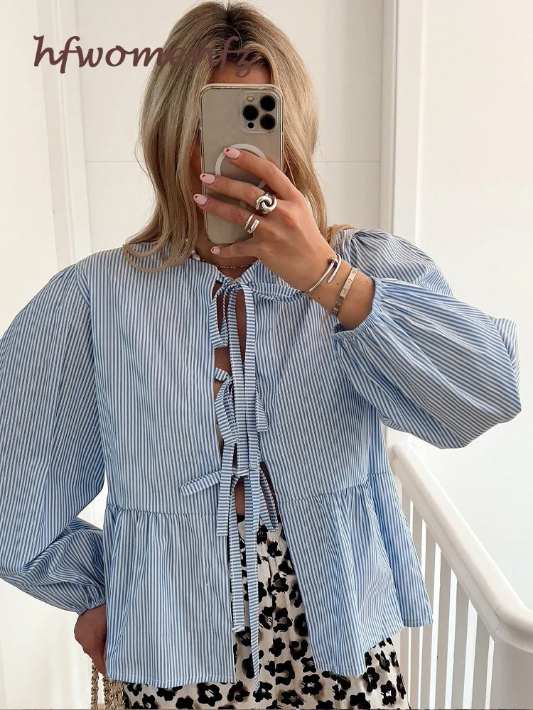 Elegant Striped Lace Up Women Shirts Chic Bow Puff Sleeve O-neck Hollow Out Female Blouses Spring Summer Casual Streetwear