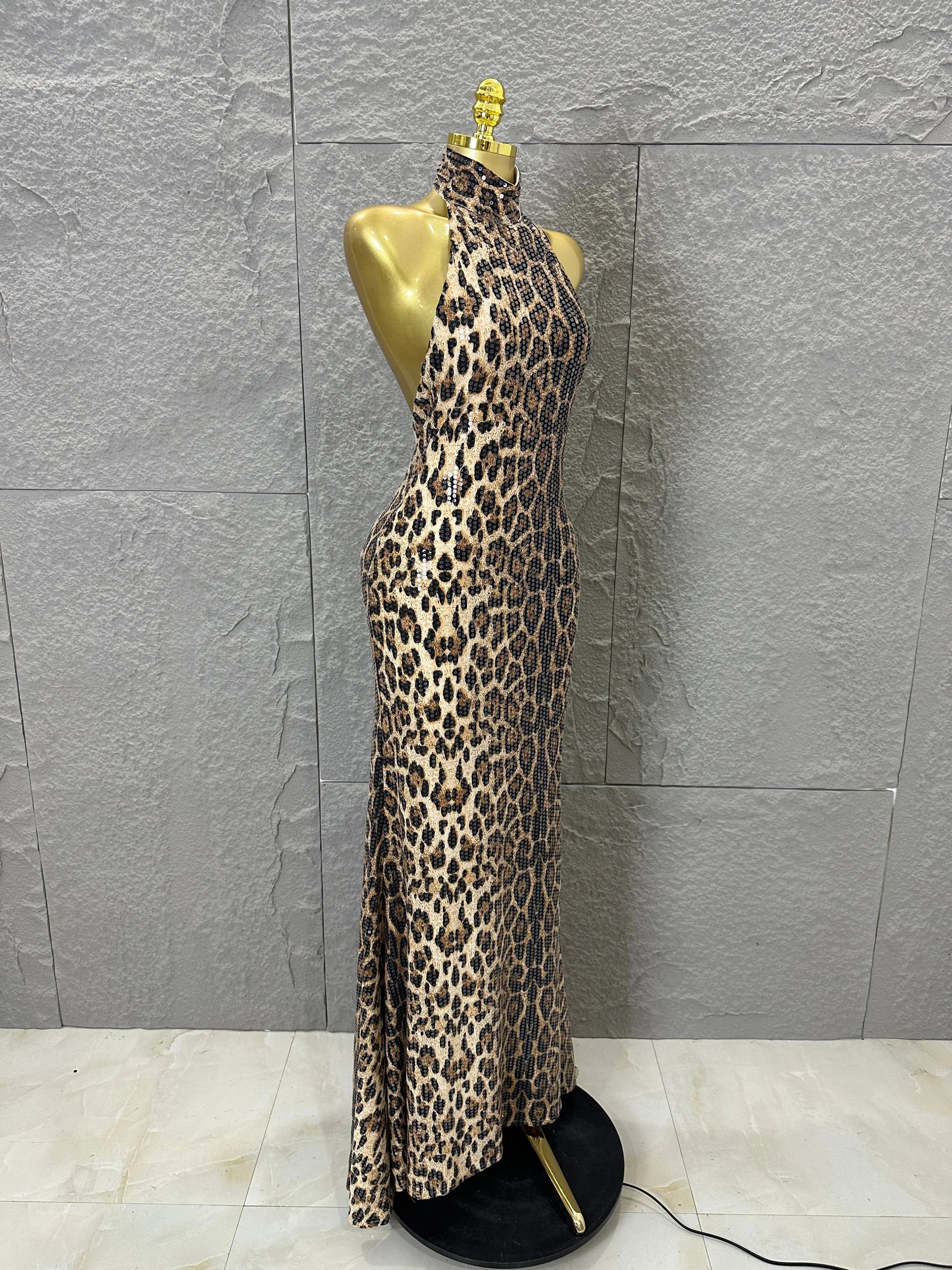 Refined Leopard Print Maxi Dress Women Sexy Halter Neck Sleeveless Sequin Embellished Bodycon Outfit Nightclub Party Costume