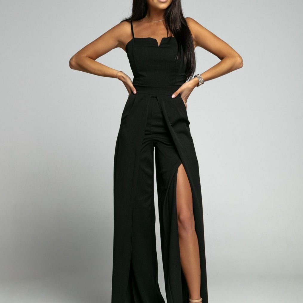 Summer Fashion Jumpsuit Women Sexy Suspender Bra Sleeveless High Waist Split Wide Leg Pants Elegant Temperament Jumpsuit Women Black