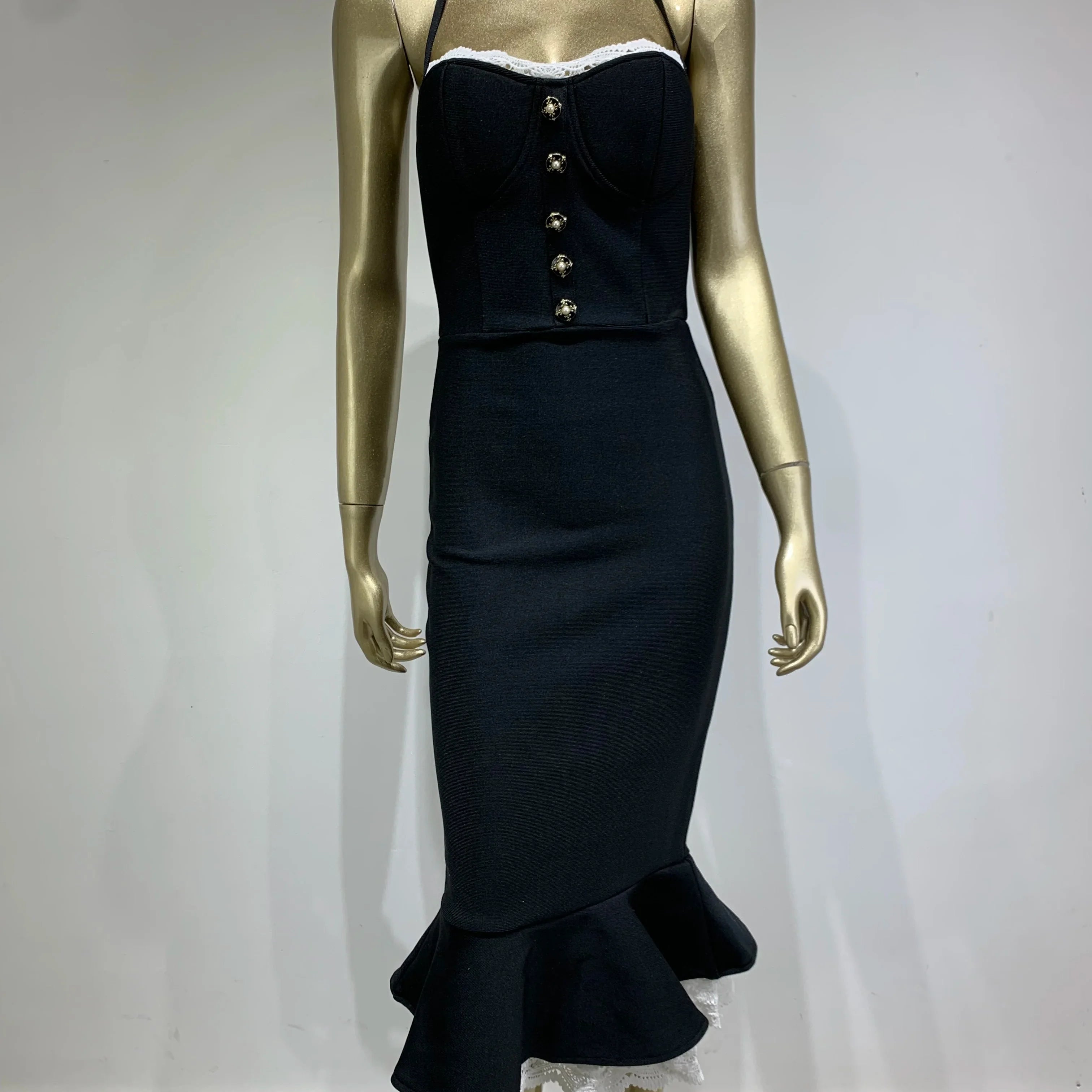 Women Celebrity Sexy Backless Halter Black Mermaid Midi Bodycon Bandage Dress Elegant Evening Club Party Dress