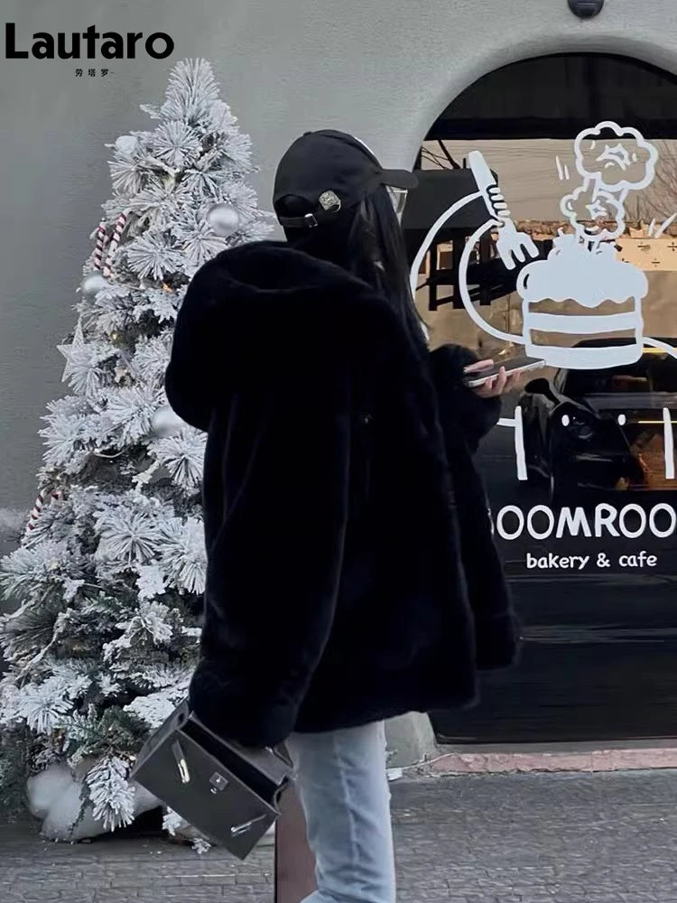 Lautaro Autumn Winter Thickened Warm White Reversible Faux Fur Coat Women with Fake Fur Inside Loose Luxury Cute Fluffy Jacket