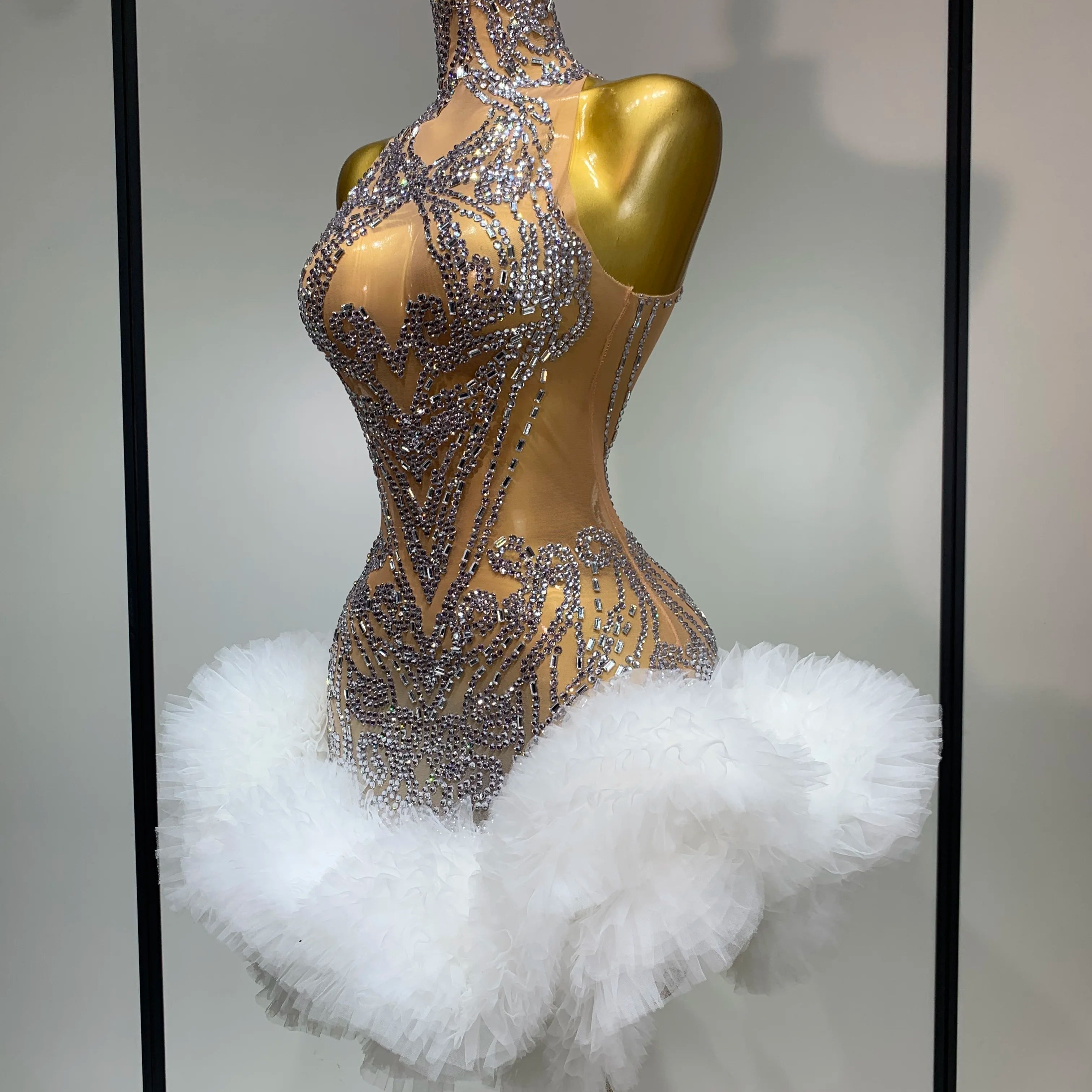 Luxury Women Sexy Sparkly Rhinestone Sleeveless Mesh See Through Bodycon Mini Birthday Dress Evening Party Performance Costume