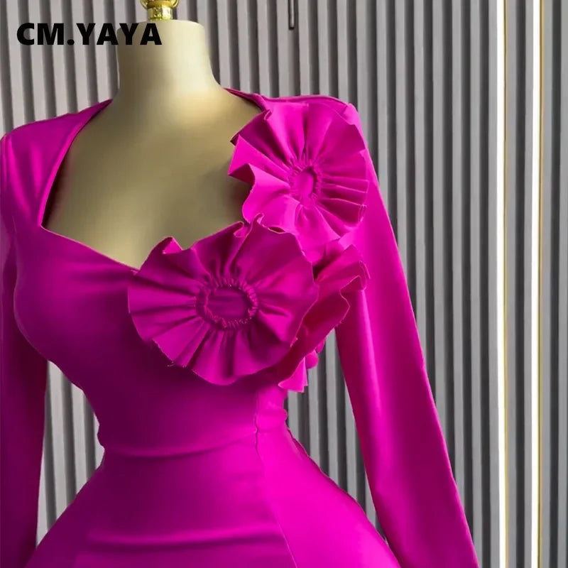 Women Strapless Mult 3D Flower Long Sleeve Bodycon Mini Dress Sexy Birthday Evening Night Party Club Vestidos Dresses