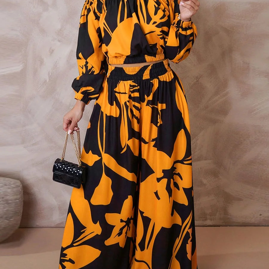 LW Plus Size Elegant Two pieces sets Off The Shoulder Floral Print Pants Set long sleeve color contrast Top + loose pants sets Orange
