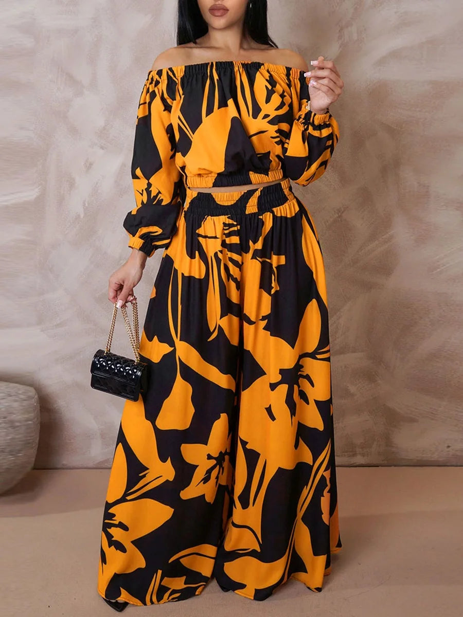 LW Plus Size Elegant Two pieces sets Off The Shoulder Floral Print Pants Set long sleeve color contrast Top + loose pants sets Orange