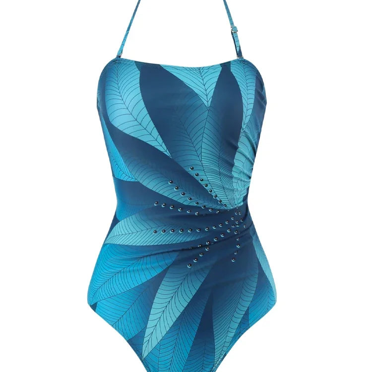 Elegant Blue Leaf Printed One Piece Swimsuit Woman Fashion High Waisted Hanging Neck Swimwear French Covered Belly Bikini swimsuit