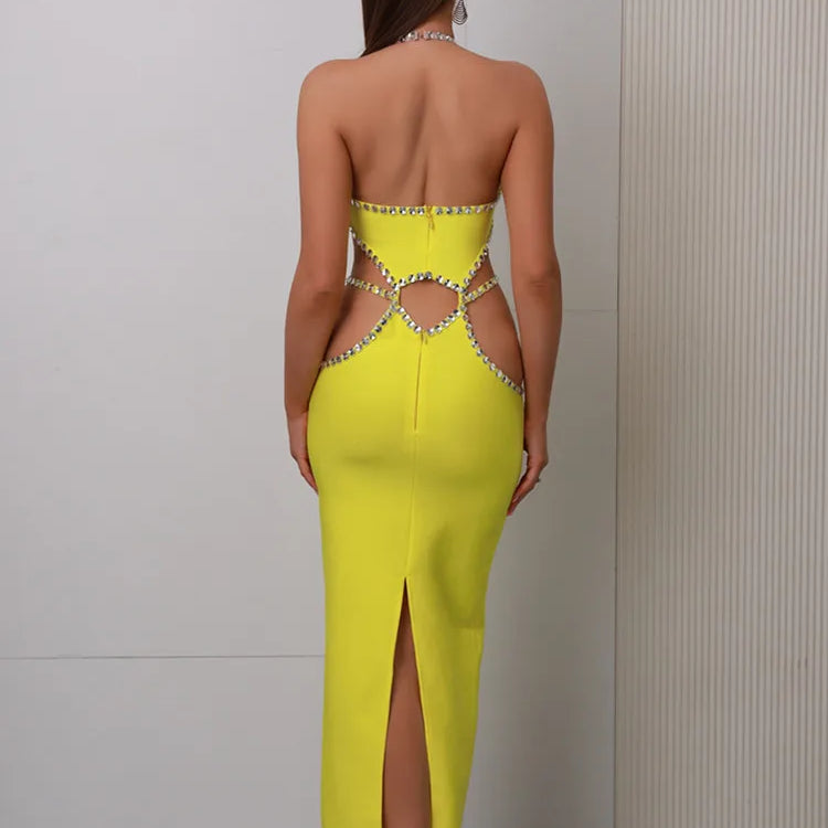 Women Celebrity Sexy Backless Halter Beading Maxi Long Lemon Yellow Bandage Dress Elegant Evening Club Party Dress