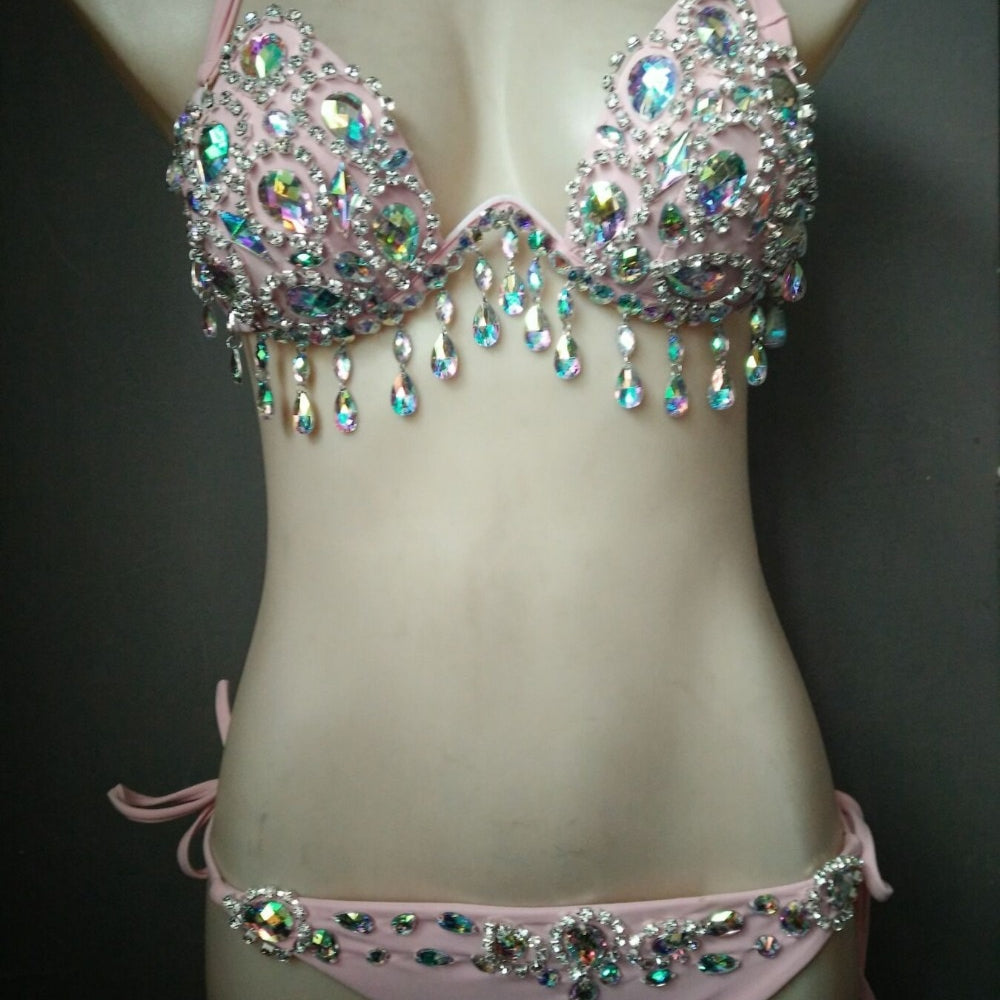 Sexy Women's Gathered Swimsuit Push Up Rhinestone Triangle Bikini Luxury Crystal Diamond Girls Swimwear Pink