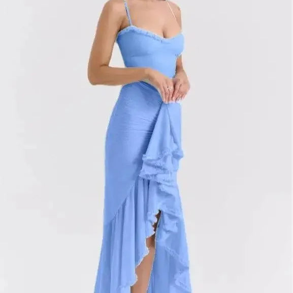 Suninheart Irregular Mesh Party Dresses 2024 New Arrivals Spaghetti Strap Bodycon Dress Fashion Ruched Long Dress Women blue