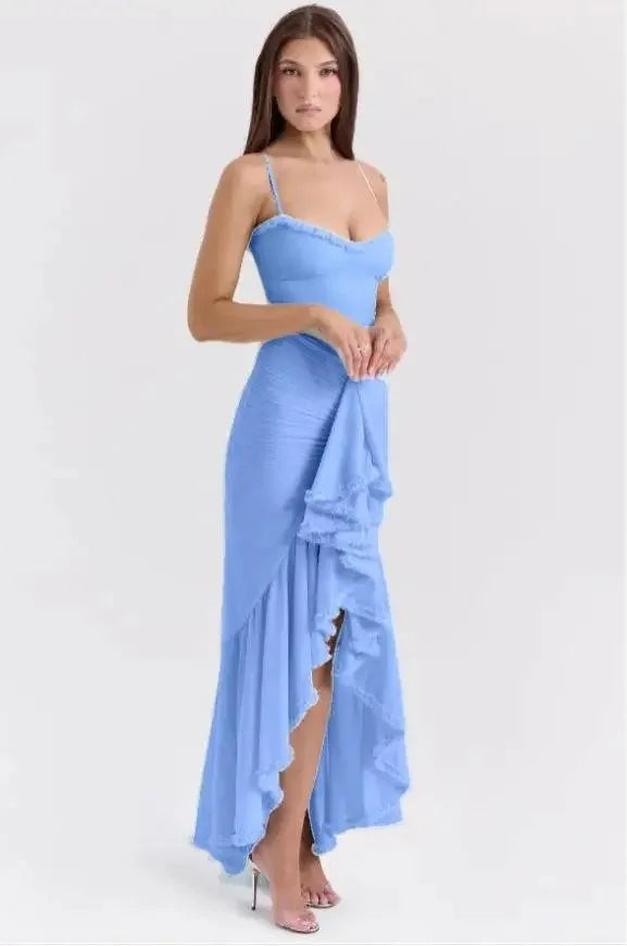 Suninheart Irregular Mesh Party Dresses 2024 New Arrivals Spaghetti Strap Bodycon Dress Fashion Ruched Long Dress Women blue