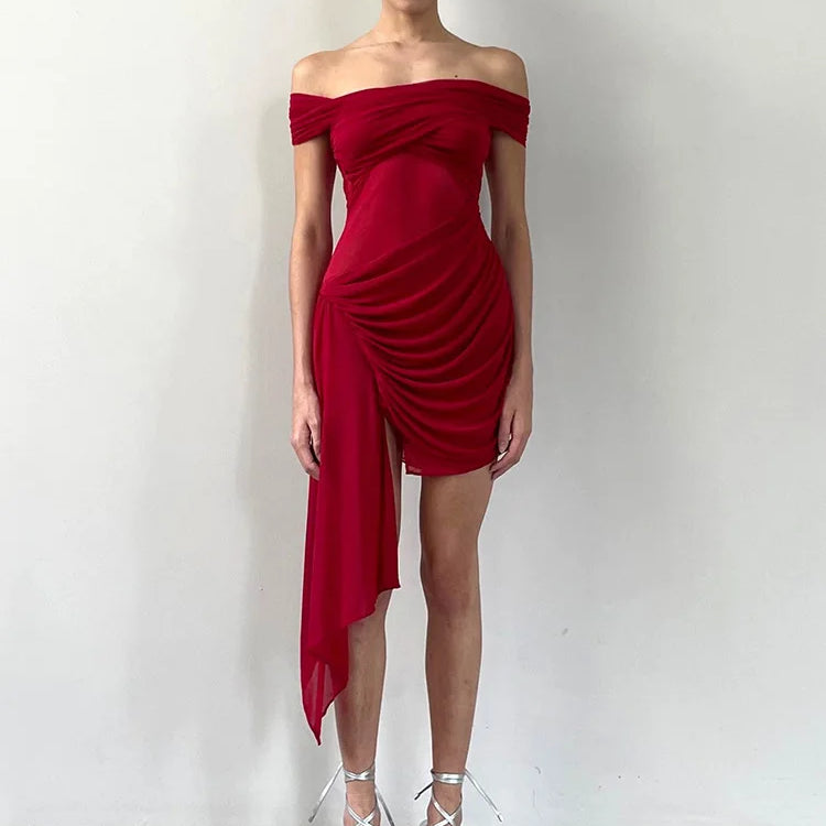 Off-shoulder Strapless Sexy Mini Dress For Women Fashion Irregular Mesh Beach Holiday Draped Ruched Bodycon Dress Red