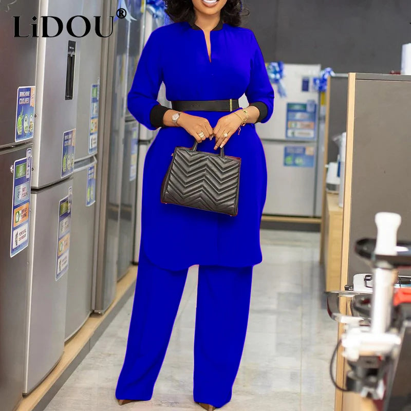 Spring Autumn New Elegant Fashion Plus Size Solid Two-piece Sets Women Loose Casual Office Lady Wide Leg Pants Oversized Clothes